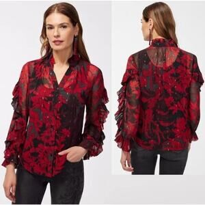 Chico's Ruffle Detail Women Sheer Shirt Sz 2 / 12‎ Button Front Floral Red Black